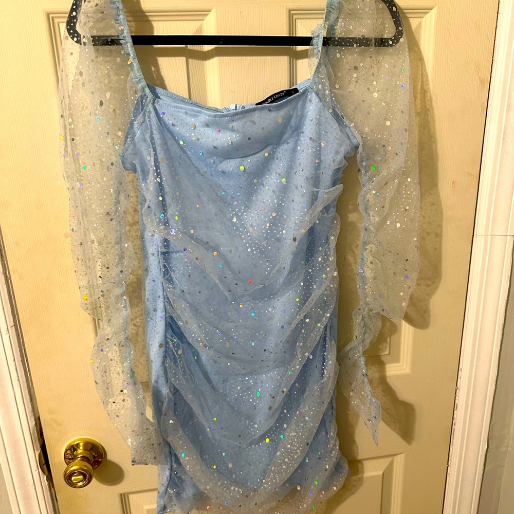 SHEIN Sparkly Baby Blue Bodycon Dress w/Sparkly Sheer Sleeves